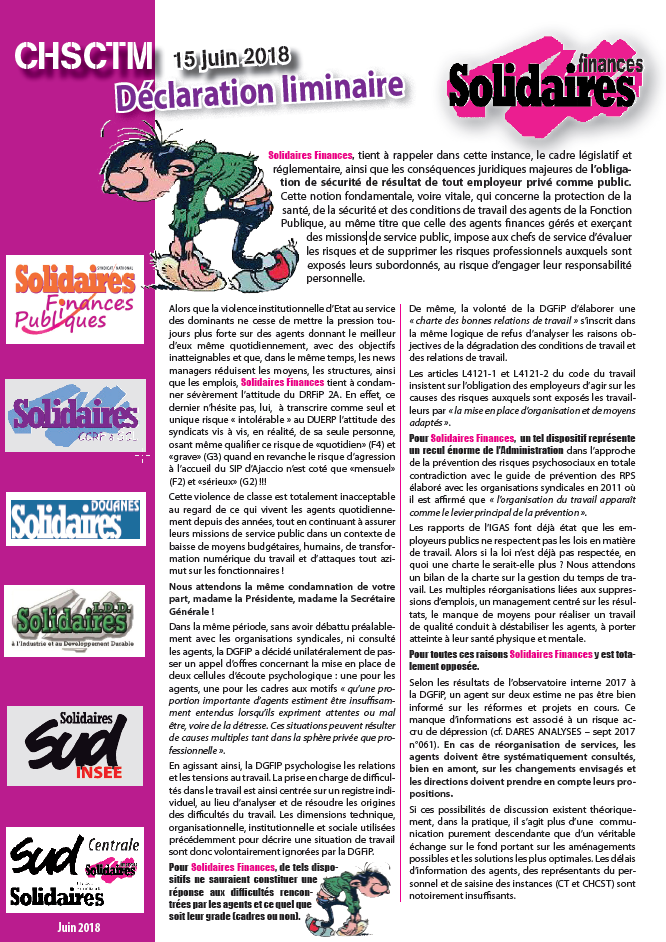 CHSCT ministériel: déclaration liminaire.